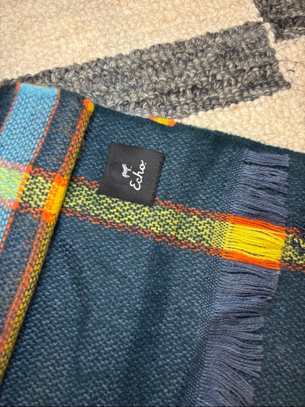 Echo Plaid Scarf Navy Yellow Tartan Fringe Wrap - Picture 10 of 12
